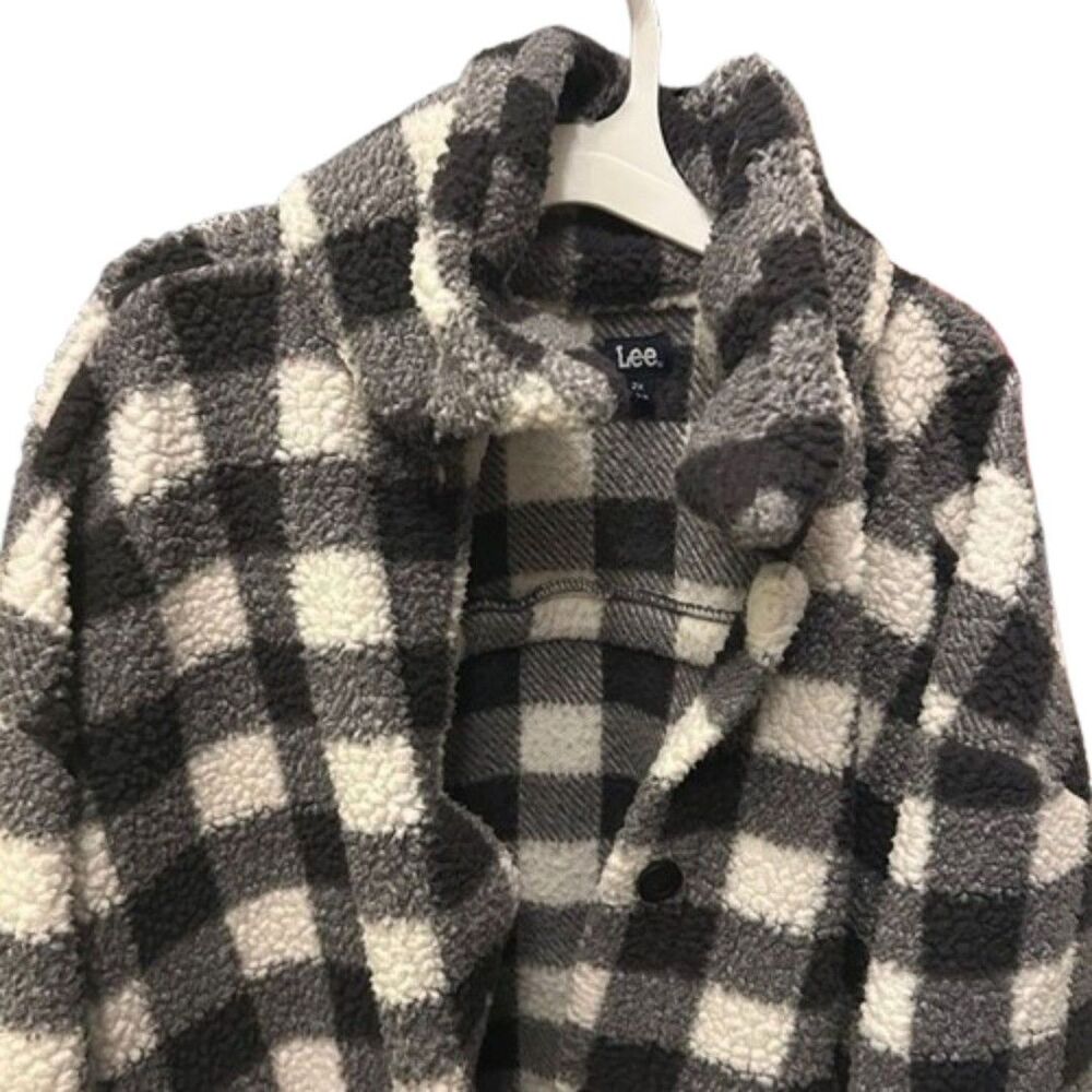 Lee Sherpa Buffalo Plaid Shacket Jacket Gray White Black 2X Plus Size
